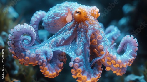  an orange and blue octopus sitting on top of a green sea anemone in a coral sea anemone anemone anemone anemone anemone anemonea anemonea anemonea anemonea anemonea anemonea. © Mikus
