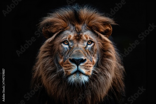 animal, nature, predator, wild, wildlife, ai, background, hunter, jungle, abstract. close up portrait of lion in dramatic against black background with enigmatic intense expression via Gen AI. © Day Of Victory Stu.