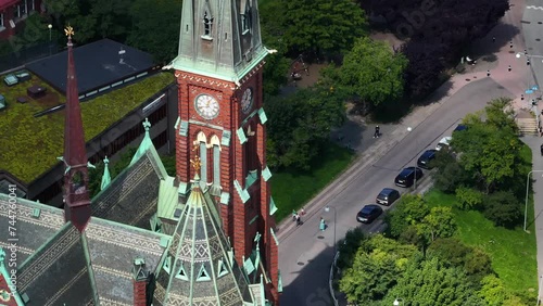 Fassbergs Kyrka, Aerial view of Gothenburg, Sweden, Aerial view of downtown, view of city canal with park , trees in foreground, Old building , Coastline of Scandinavian city, surrounding buildings  photo