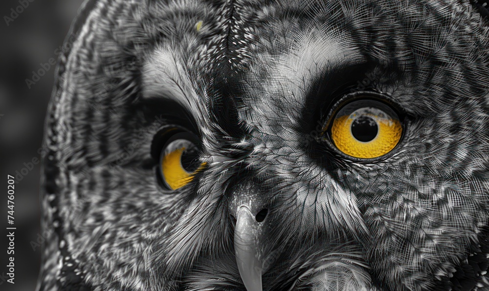 Obraz premium bird, owl, animal, closeup, eye, portrait, nature, wild, wildlife, background. close up portrait of completely white beautiful colorful owl with colorful feathers and eye yellow generated via AI.