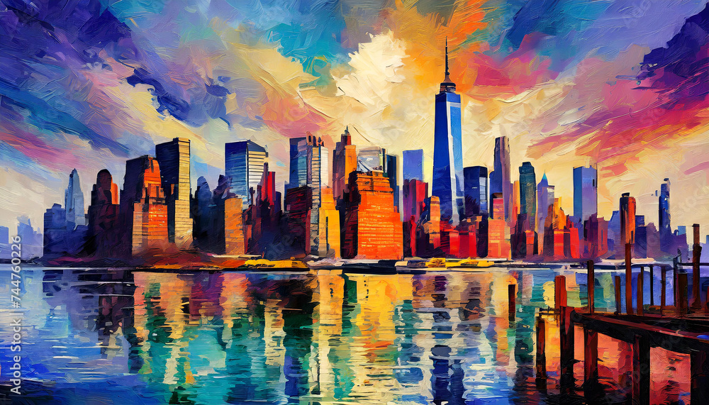 New York City skyline painting in an impressionistic style