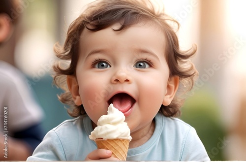Baby with a cute little face eating a cone ice cream
