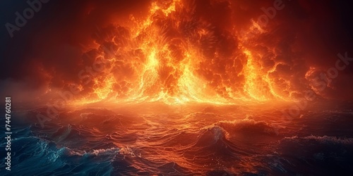 Surreal Oceanic Firestorm with Flames Twisting in a Fierce Swirl Over the Sea