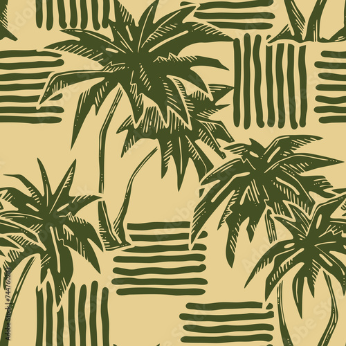 Tropical seamless vector pattern with palm leaves and tree. Holiday vocation theme for fabric print, textile design, fashion party invitation, luxury life style. Hand drawn cartoon line illustration.