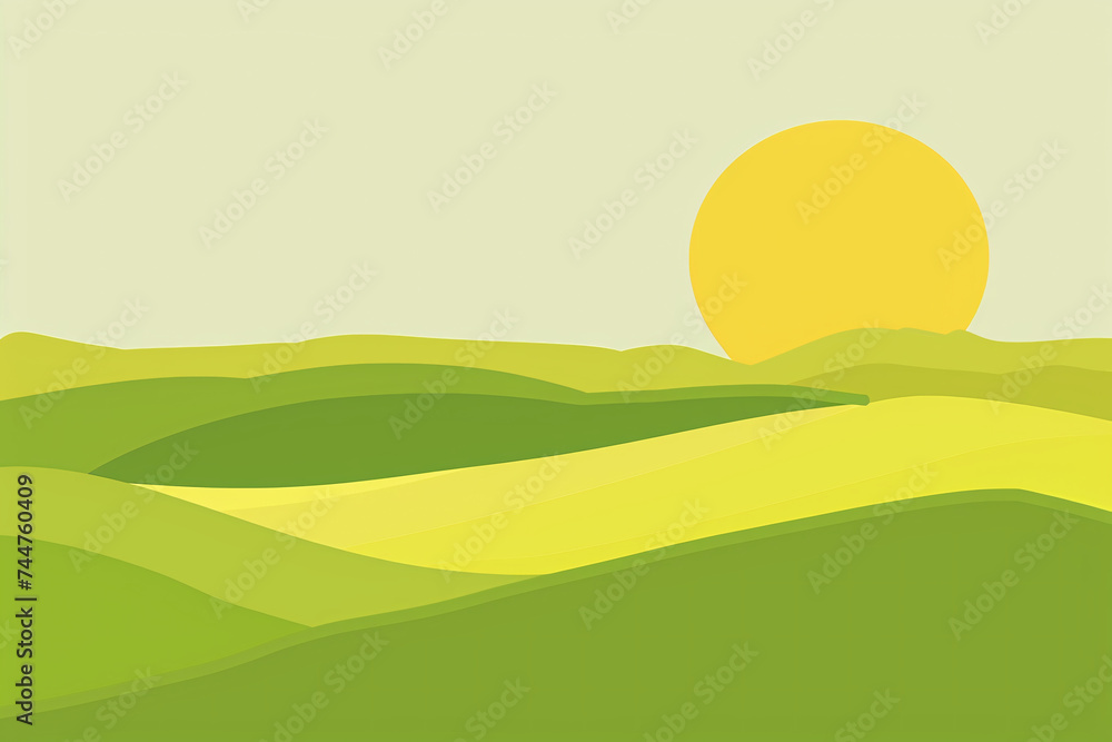 Sunrise above green rolling hills with clear sky