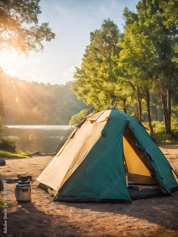Camping tent on the lake shore at sunrise. Camping in nature.