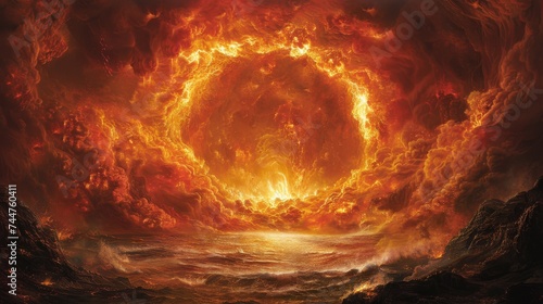 Fiery Sky Phenomenon with a Gigantic Flaming Eye Over a Rocky Landscape