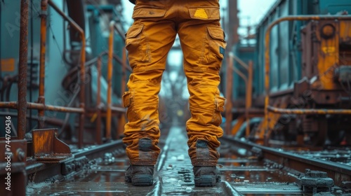 a person standing on a train track with their feet in the air and wearing yellow work pants and a black jacket and a yellow jacket with a yellow tag on.