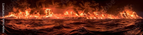 Panoramic View of a Catastrophic Fire Storm Across the Ocean Horizon at Night