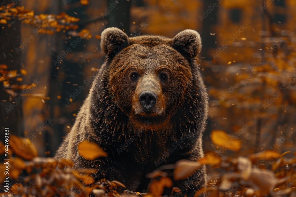 Obraz premium animal, bear, forest, mammal, nature, wildlife, big, brown bear, wild, background. close up to big brown bear walking in autumn forest with red maple. dangerous animal in nature forest, meadow habitat