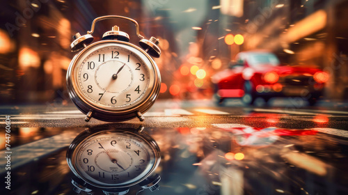 the clock on the street of the city around which cars are racing