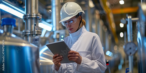  Engineer Analyzing Data on Tablet in Industrial Plant.A professional female engineer in a hard hat and safety glasses attentively reads a tablet amidst gleaming industrial equipment.