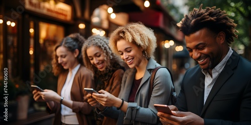 A diverse group of people using smartphones outdoors for social networking. Concept Social Media Networking, Diverse Group, Outdoor Setting, Smartphone Usage