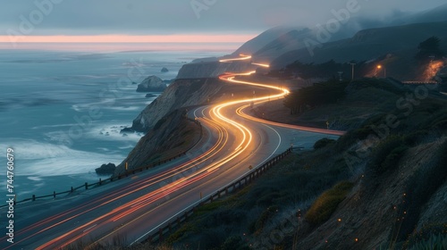 Motion blur from cars driving on a winding scenic road at twilight