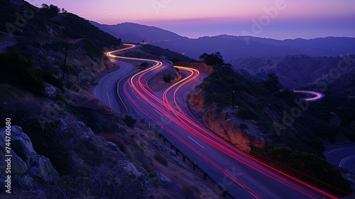 High speed motion blur from cars driving on a winding scenic road at twilight photo