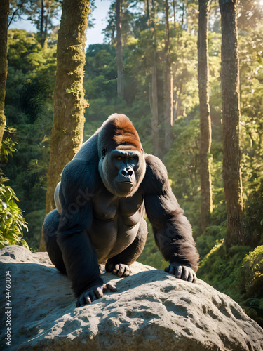 Gorilla sitting on a rock in the forest. Low angle view. photo