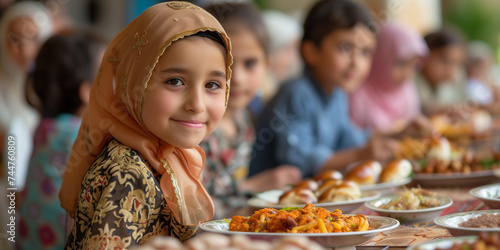 Ramadan Feast: Joyful Muslim Girl with Traditional Meal.A young Muslim girl in a hijab smiling at a table full of delicious Ramadan dishes, sharing a meal with others.