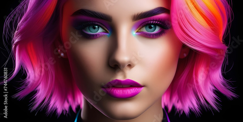 Pink hair and neon makeup of a girl on a black background. © Татьяна Оракова