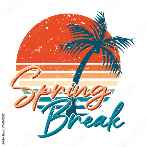 Spring break retro colorful sunset with text and palm vintage texture.