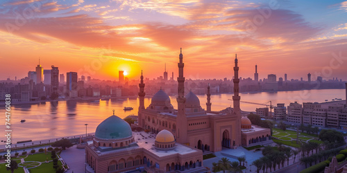 Ramadan Sunrise over Tranquil Cityscape. A stunning Ramadan dawn breaks over a serene city skyline with mosques and river.