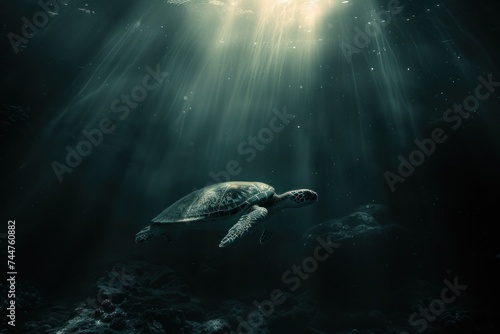 turtle, nature, underwater, water, animal, swimming, reef, sea turtle, tortoise, aquatic. close up ancient sea turtle, portrait of mystery sea turtle swimming underwater with sunshine via ai generate.