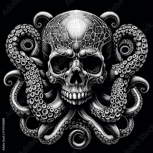 Dotwork style skull with octopus tentacles