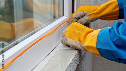 Construction worker putting sealing foam tape on window in house