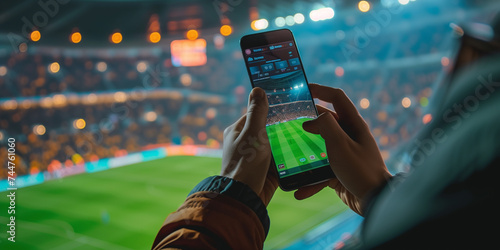 Digital Spectator: Blending Technology with Tradition.In the electrifying ambiance of a night-time sports event, a fan captures the action through a smartphone.