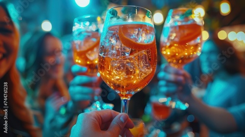 Friends enjoying spritz at a stylish cocktail bar, emphasizing the concept of...