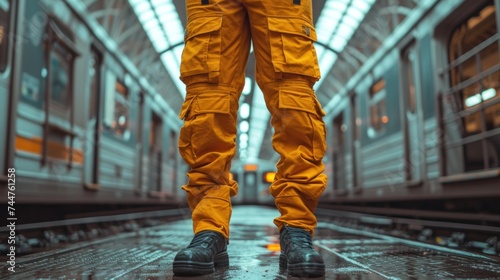 Wallpaper Mural  the legs of a person in yellow pants standing on a train platform with a train in the background and a train on the other side of the track in the distance. Torontodigital.ca