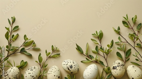 Easter eggs and green branches arranged on a beige background