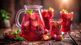 A cool summer beverage featuring strawberries served in a jug and glasses on a rustic wooden table