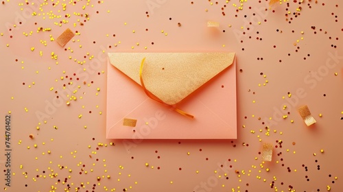 An empty card with an envelope and gold confetti, presented in a mockup template