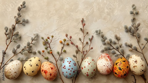Easter eggs and green branches arranged on a beige background