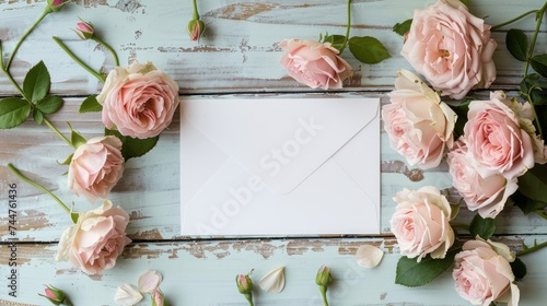 A blank white greeting card featuring a pink rose flower bouquet and an envelope with floral buds on a white wooden background