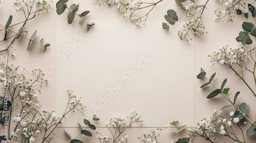 Mockup of a wedding invitation card featuring natural eucalyptus and white gy...