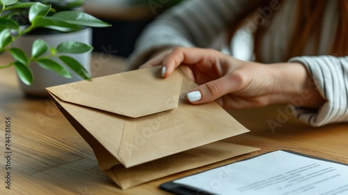 Close-up of a woman's hand opening an envelope containing a mockup business c...