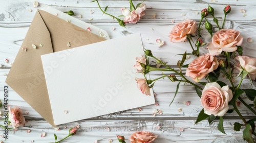 A blank white greeting card featuring a pink rose flower bouquet and an envel...