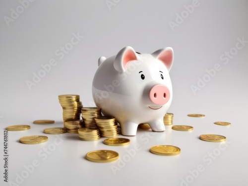 White piggy bank. The concept of saving money or open a bank deposit. Investments in future