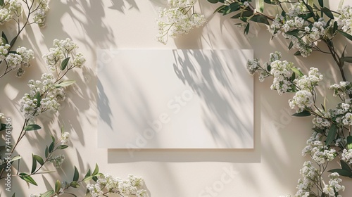 Mockup of a wedding invitation card featuring natural eucalyptus and white gy...
