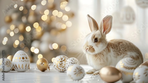 Easter decoration with rabbit and eggs and copy space.