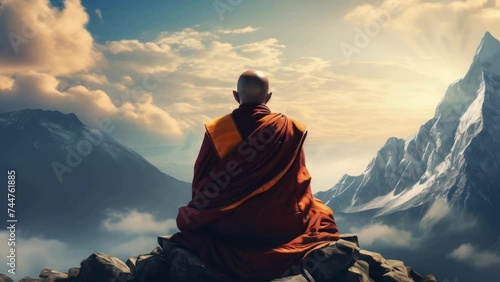 A serene image of a monk sitting on a rock, gazing at a majestic mountain. Ideal for meditation or mindfulness concepts. photo
