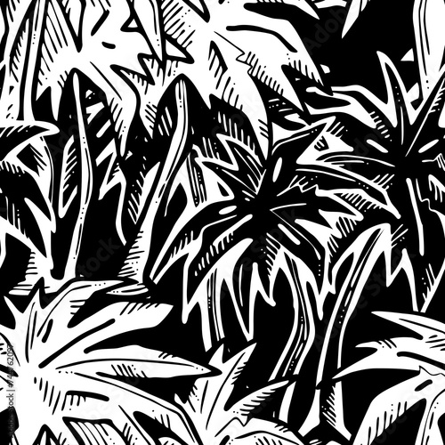 Tropical seamless vector pattern with palm leaves and tree. Holiday vocation theme for fabric print, textile design, fashion party invitation, luxury life style. Hand drawn cartoon line illustration.