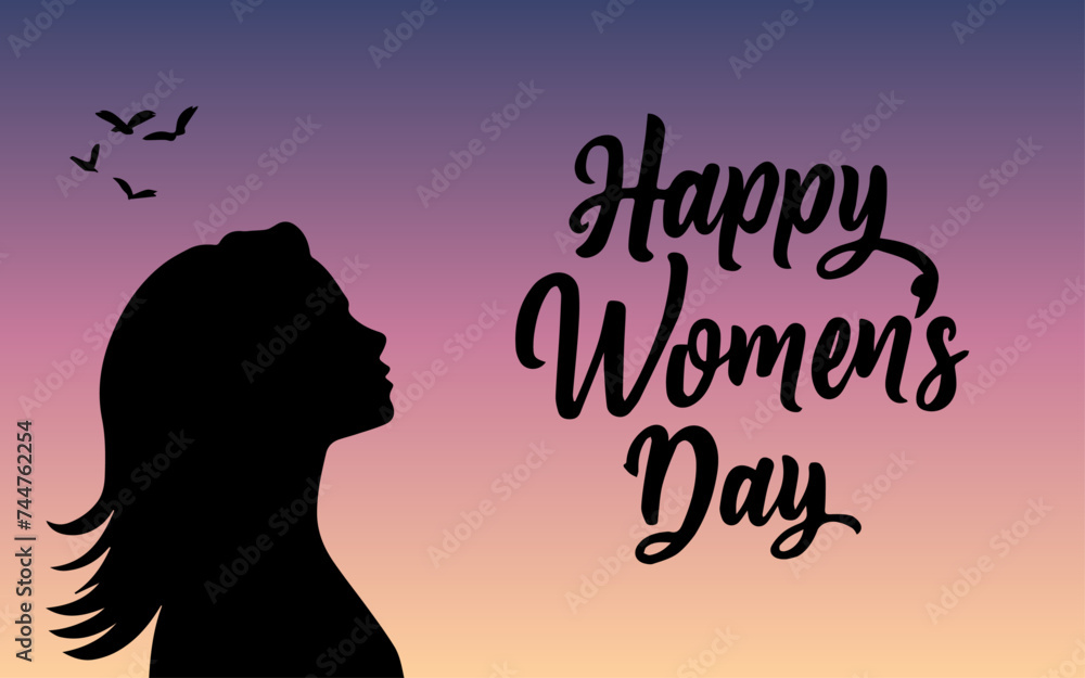 International Women's day greetings card with dark pattern background. Women's Day greetings on red background with woman's silhouette.