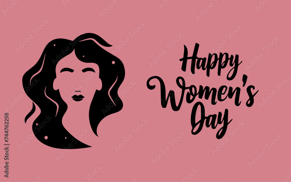 Happy Women's Day beautiful woman greeting card. Vector illustration for the International Women's Day with text and beautiful woman on pink background