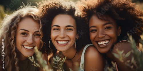 Group of diverse women affectionately embracing outdoors during summer weekend. Concept Outdoor Photoshoot, Women Friendship, Summer Vibes, Empowerment, Diversity