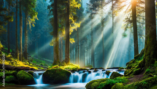 A cinematic scene of a forest with backlit trees. Sun rays shining through the leaves over a winding river in the middle. Green mossy grass covers stone. Rich blue and green tones photo