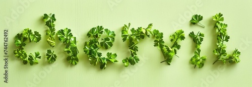 The word "chervil" is fashioned out of vibrant green chervil leaves.