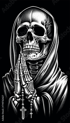 Contemplative Skeleton with Rosary in Dotwork Style, Vector Art