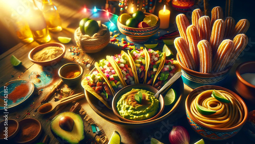 A lively Mexican gathering complete with fiery tacos, avocado-infused guacamole, and sweet churros – a piquant fiesta.